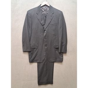 Canali Dark Grey Black Pinstripe 2 Piece Suit 42R 100% Wool Pleated Pants 36x29